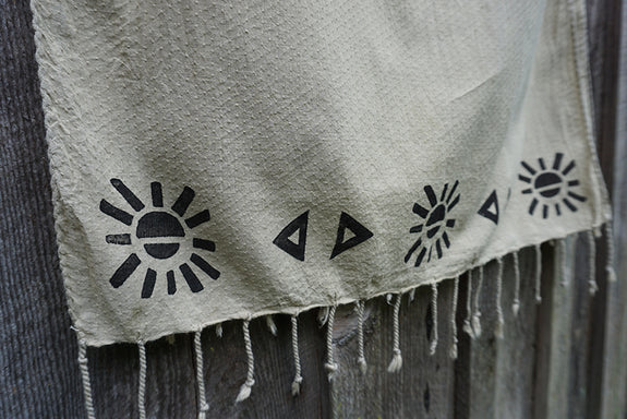 Block Printed/Hand Dyed Organic Cotton Scarf with Tassels - Light Green