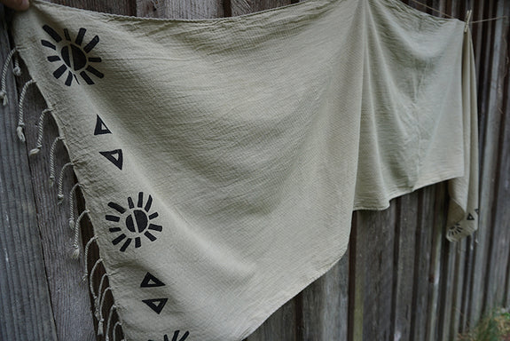 Block Printed/Hand Dyed Organic Cotton Scarf with Tassels - Light Green