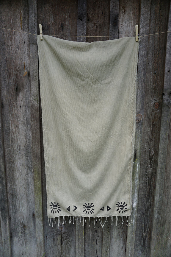 Block Printed/Hand Dyed Organic Cotton Scarf with Tassels - Light Green