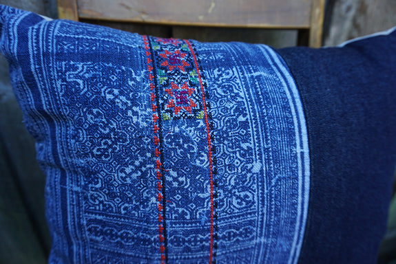 Dara - Vintage Hmong Batik Textile with Denim Pillow