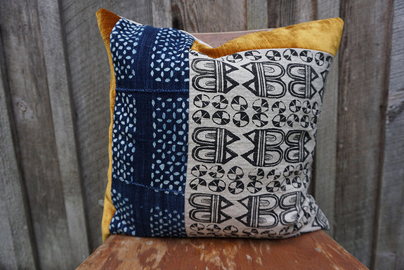 Yana - Blockprint with Vintage African Indigo and Velvet Pillow