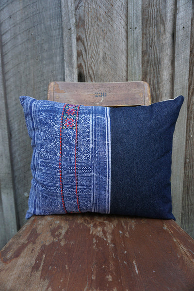Dara - Vintage Hmong Batik Textile with Denim Pillow
