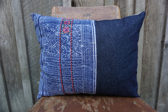 Dara - Vintage Hmong Batik Textile with Denim Pillow