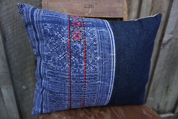 Dara - Vintage Hmong Batik Textile with Denim Pillow