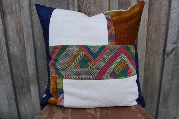 Gisella - Vintage Laos Silk, Vintage African Indigo, African Cotton, and Velvet Pillow