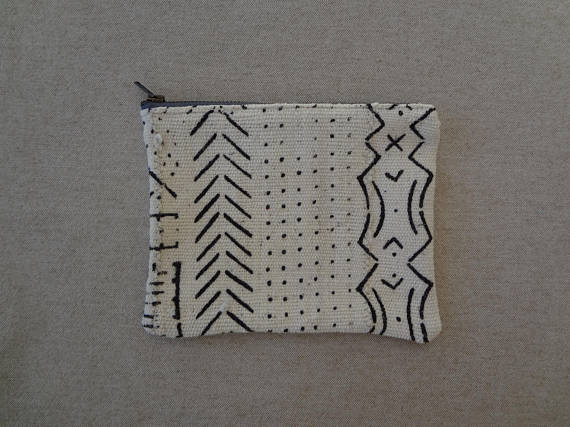 Black and White Brass Zippered Pouch made from African Mudcloth - #115