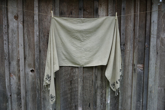 Block Printed/Hand Dyed Organic Cotton Scarf with Tassels - Light Green