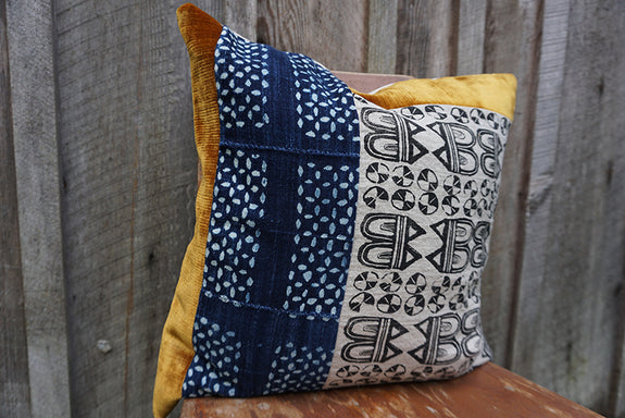 Yana - Blockprint with Vintage African Indigo and Velvet Pillow