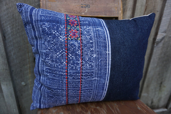 Dara - Vintage Hmong Batik Textile with Denim Pillow
