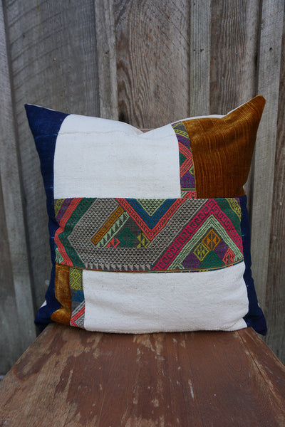 Gisella - Vintage Laos Silk, Vintage African Indigo, African Cotton, and Velvet Pillow