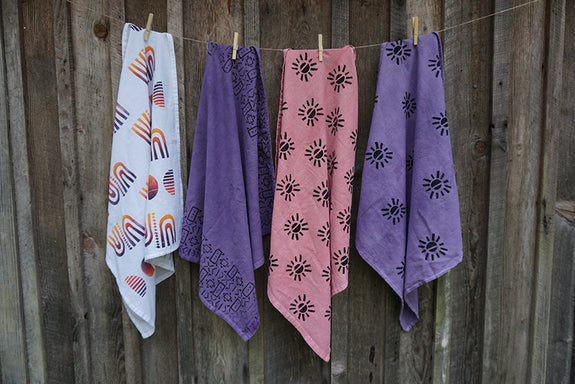 Naturally Dyed + Blockprinted Tea Towel - Purple