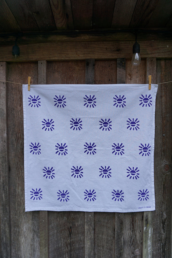Blockprinted Tea Towel - White/Violet