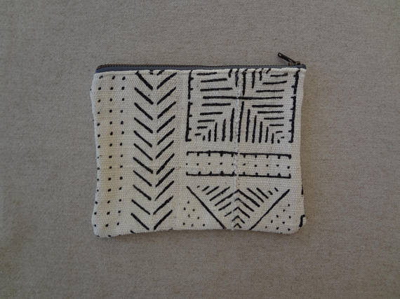 Black and White Brass Zippered Pouch made from African Mudcloth - #115
