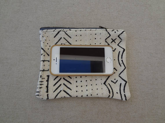 Black and White Brass Zippered Pouch made from African Mudcloth - #115